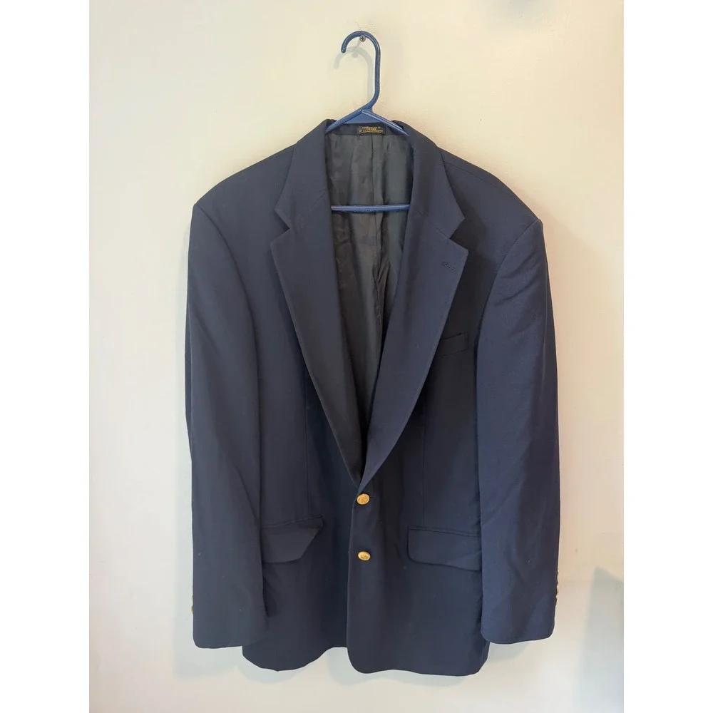 Deansgate Tailors Row‎ Mens 44L Navy Blue Worsted Wool Blazer Gold Crest Button
